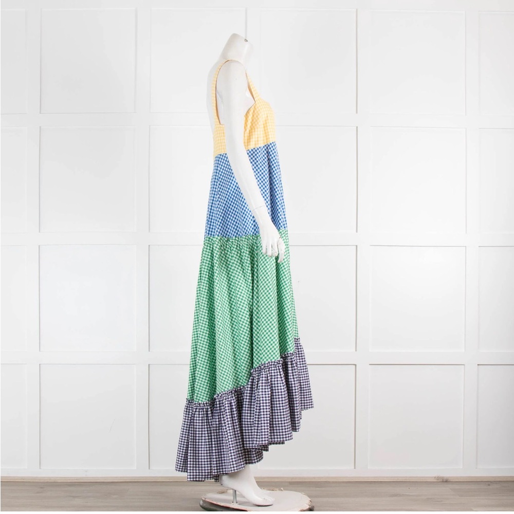 MDS Stripes Yellow Blue Green Gingham Tiered Maxi Dress 4 - Picture 3 of 16